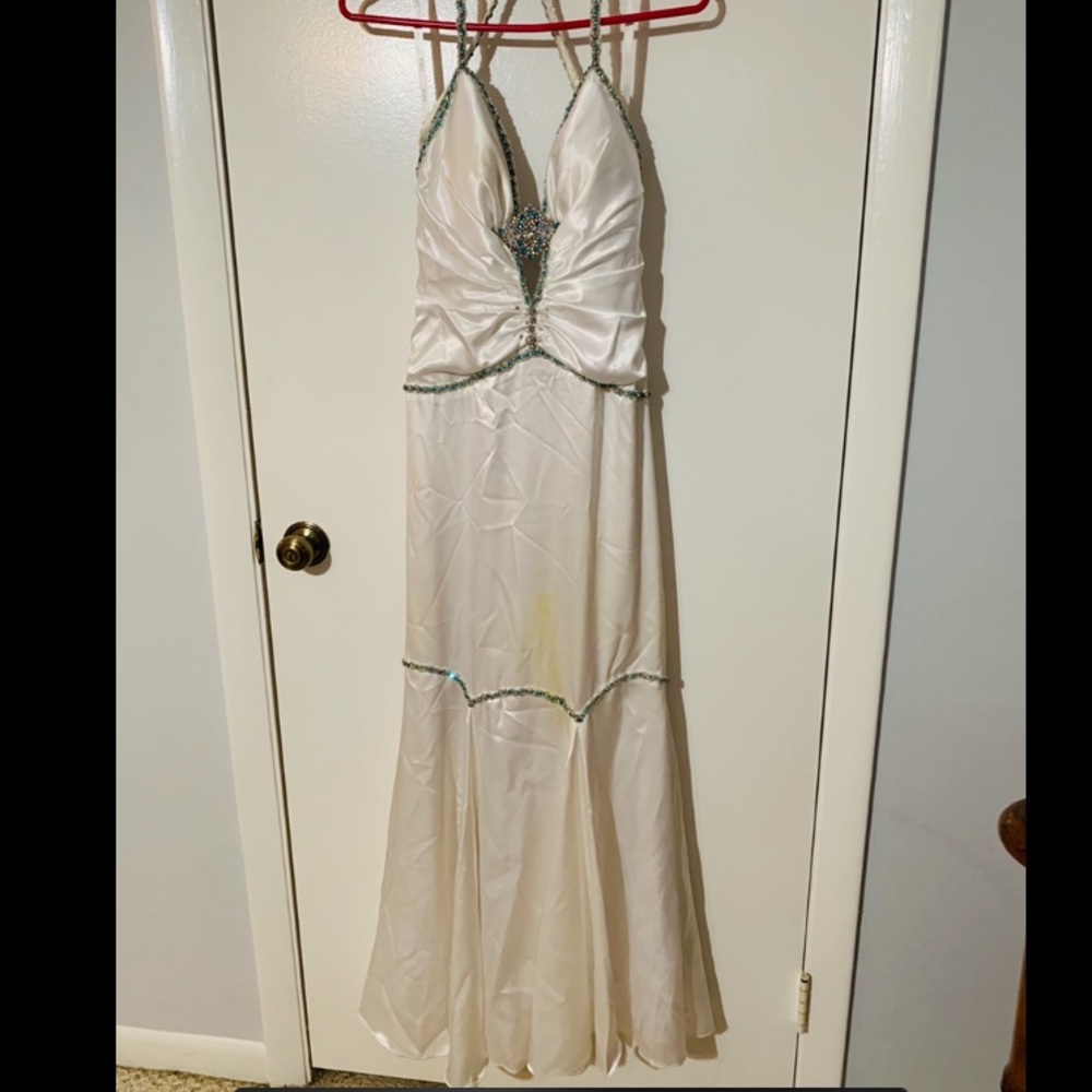 Gigi white with turquoise rhinestone prom dress